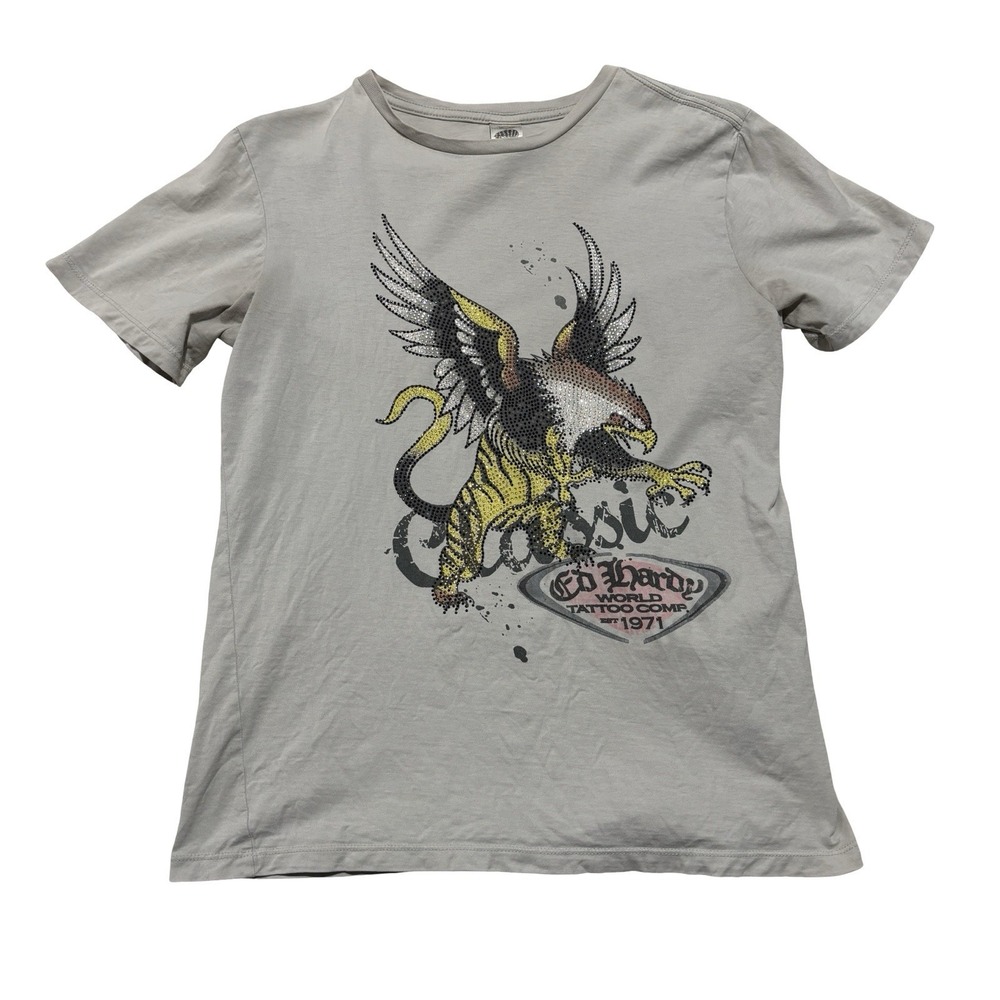 Ed Hardy By Christian Audigier Women's Bedazzled Eagle T Shirt *STAIN* SM 17x25